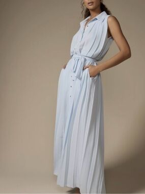 Ramy Brook Sleeveless Light Blue Button-Front Maxi Dress with Tie Waist